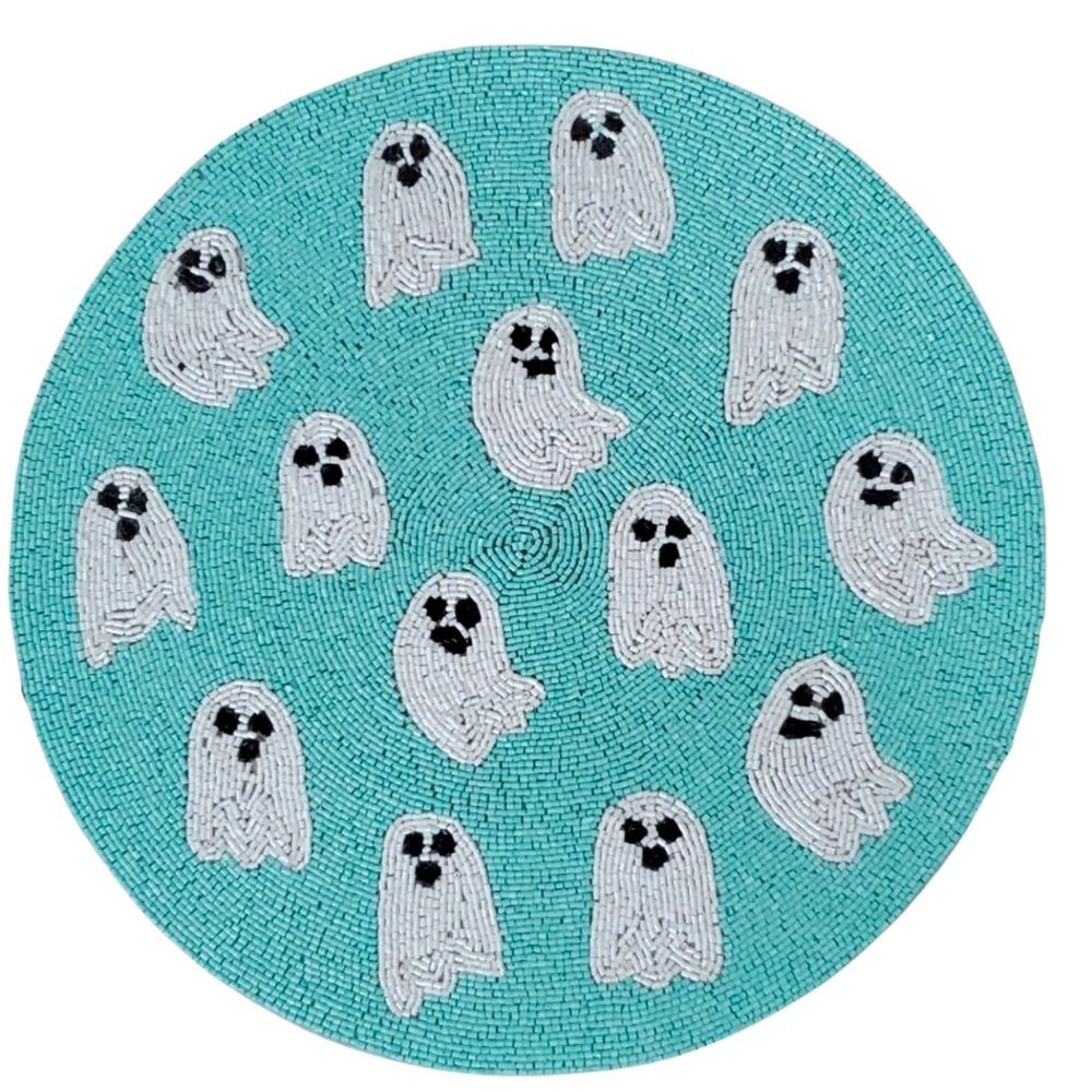 Halloween Tik Tok Ghost Placemats Beaded Teal Turquoise Chargers HTF 6 Tableset